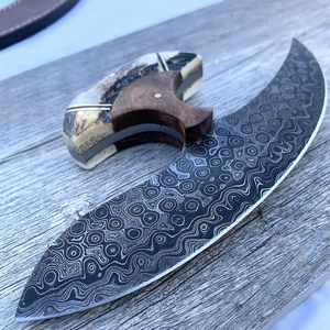 Couteau Ulu artisanal de qualité supérieure avec lame en acier Damas incurvée, manche en bois pour droitiers, pour la cuisine et le hachage à domicile - Product Image 5