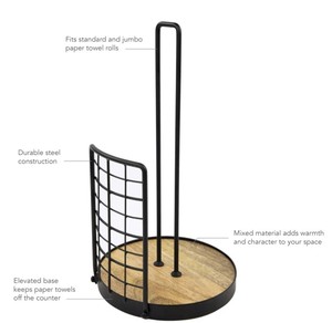 Support de rouleau d'essuie-tout en fil de fer avec base ronde pondérée en bois accessoire de cuisine enduit de poudre noire fabriqué en Inde - Product Image 2