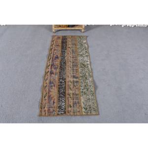 Vintage <b>Traditional</b> Turkish <b>Rug</b> 1.7 X 4 ft Brown Beige Patchwork Pattern Eco Friendly Medium Pile Wool Material Latex Backing - Product Image 1