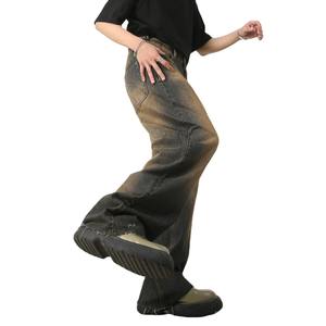 Jeans vintage ample pour homme, nouveau design, style droit, style rétro de Hong Kong, denim brut couleur rouille, technique de lavage - Product Image 3