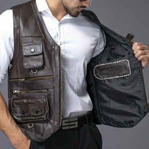 2024 Cowhide Genuine Leather Men's Thick Waterproof Motorcycle Safety Vest with <b>Stand</b> Collar Multi-Pocket - Product Image 5