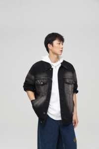 Veste en jean vintage sur mesure de style streetwear pour hommes, unisexe, lavée, surdimensionnée, noire, pour l'automne et l'hiver - Product Image 5