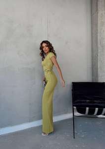 Top de manga corta con cuello redondo para mujer, blusa corta de Color sólido y pantalones de pierna ancha de cintura alta, conjunto doble - Product Image 3