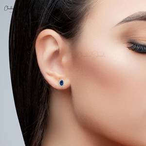 14K ต่างหูพลอยแซฟไฟร์สีฟ้าธรรมชาติสีทองคำขาว6X4MM ทรงวงรีทรงวงรีประดับเพชรสีขาวราคาขายส่งจากโรงงาน - Product Image 6