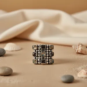 Bohemian Cluster <b>Ring</b> <b>Labradorite</b> Stones Square Geometric Design Classic Antique Silver Plated Alloy Unisex Daily Wear Fashion - Product Image 2