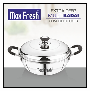 Maxfresh Extra Deep Multi Kadai, design moderne en acier inoxydable, compatible gaz et induction, avec couvercle à fond sandwich, utilisable avec 3 plaques - Product Image 2