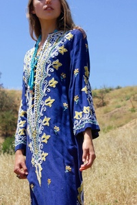 Bohemian Blue Floral Embroidered Organza V-neck Maxi Dress Three Quarter Sleeve Loose Fit Cotton Ankle Length <b>Summer</b> Women ODM - Product Image 3