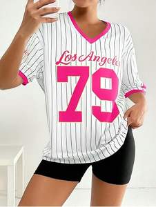 Women Oversized Striped American <b>Football</b> Jersey Streetwear V Neck Short Sleeve <b>Pink</b> Custom Number 79 Loose Fit Summer <b>Top</b> - Product Image 5