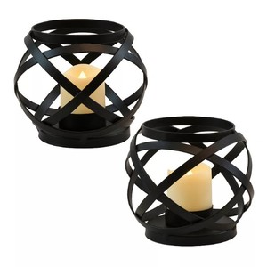 <b>Black</b> Banded Metal <b>Lantern</b> with Battery Operated <b>Candle</b> LumaBase Metal Candleholders with Battery Operated LED <b>Candles</b> - Product Image 1