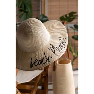 Beach Please Embroidered Beige Straw <b>Hat</b> Hsr2029 - Beige - Product Image 1