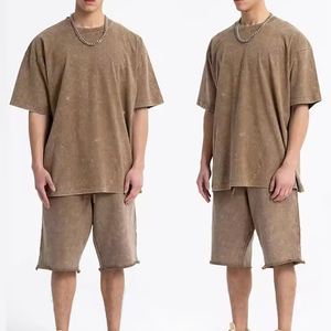 Haute qualité 100% coton goutte épaule lavage à l'acide T-Shirt ensemble Streetwear Style décontracté taille élastique grande taille Logo personnalisé Shorts - Product Image 6