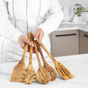 Juego de 5 utensilios de cocina clásicos de madera de olivo, cuchara de mango largo, espátula, herramientas de cocina hechas a mano, aptas para alimentos, para cocinar y servir - Product Image 2