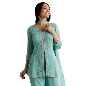 Bầu Trờ<span class=keywords><strong>i</strong></span> Màu Xanh Chinon Phía Trước Khe Kurta Palazzo Phù Hợp Vớ<span class=keywords><strong>i</strong></span> Vớ<span class=keywords><strong>i</strong></span> Choker Phong Cách Dupatta Bán Buôn Phụ Nữ Dân tộc Trang Phục OEM Nhà Máy Số Lượng Lớn Nhà Cung Cấp - Product Image 3