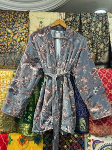 Luxe Boho Kimono Veste Floral Velours Gris D'été Robe Courte Automne Robe De Chambre De Mariage Robe De Mariée avec Doublure En Velours - Product Image 6