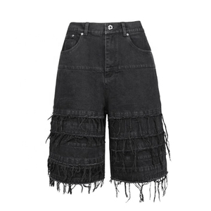 Transpirable hombres de gran tamaño ajuste muy deshilachado en capas Denim corto detalle desgastado cintura elástica remaches de Metal Punk Vintage - Product Image 1