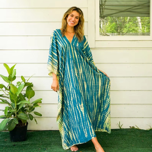 Handmade Indian Rayon Viscose <b>Kaftan</b> for Women Three Quarter Sleeve Ankle-Length Tie Dye Straight Silhouette <b>Summer</b> Casual Dress - Product Image 1