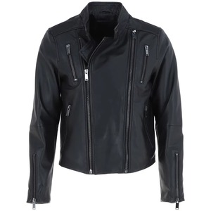 Veste en cuir pour homme en peau de mouton, veste en cuir brillant avec manches régulières, col montant - Product Image 1