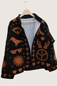 Veste en tissu éponge brodée bohème, grande taille, manches longues, col rabattu, vêtements d'extérieur décontractés d'automne pour adultes - Product Image 4