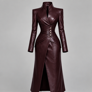 Gabardina de Cuero para Mujer con Cierre de Botones, Manga Larga y Corte Largo - Product Image 1