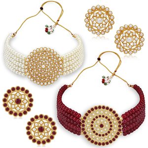 Ensemble de bijoux fins pour mariage et cadeau, collier rond blanc et bordeaux avec zircon et perle plaqué or - Product Image 1