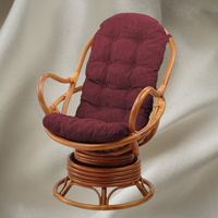 Fauteuil pivotant en rotin avec coussin capitonné en tissu bordeaux, style traditionnel, mobilier de bureau, usage domestique et commercial