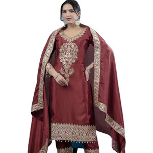 100% pure soie de Chinon avec broderie séquence travail Dori motif coupe droite bordure trois pièces Kurti ensemble pour réception et fête - Product Image 1