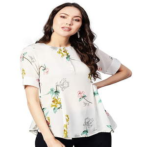 Haut d'été à imprimé fleuri pour femmes avec col rond manches courtes décorations en dentelle et boutons tissé tenue décontracté pour filles femmes - Product Image 6