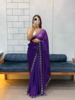 Saree léger en mousseline de soie respirante avec coupe Dana Diamond Work et bordure fantaisie pour la saison des mariages