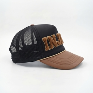 Casquette Trucker à Visière Courbe en Maille Noire et Marron avec Patch Lettres Chenille, Applique Imprimée Floquée et Broderie 3D – Réglable et Courante - Product Image 4