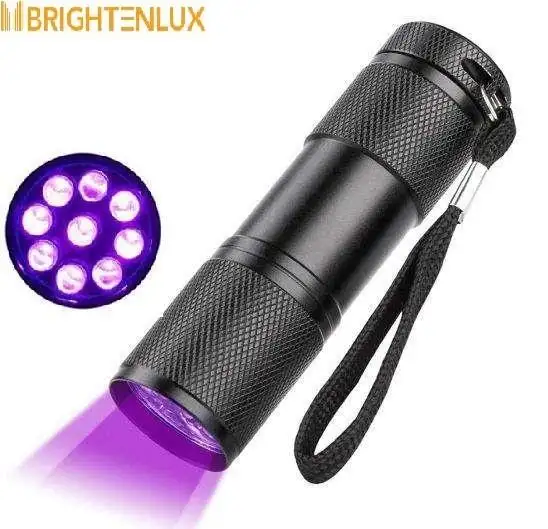 Fabbrica OEM lega di alluminio AAA batteria portatile EDC torcia UV luce tascabile Blacklight 395nm linterna 9 LED Mini torcia UV