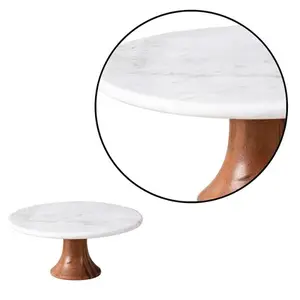 Décoration de table tendance chaude support de tasse de serveur de gâteau pliant Base en bois de forme arrondie avec support de gâteau en marbre blanc