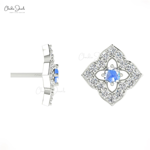 Produits les plus vendus Or massif 14k Goujons en diamant Halo Pierre de lune arc-en-ciel naturel Boucles d'oreilles Push Back Fournisseur en gros de qualité - Product Image 4