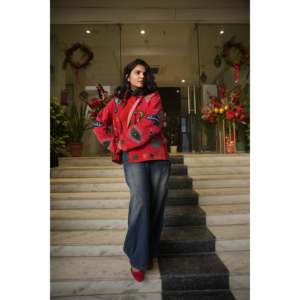 Chaqueta Bordada Roja de Terciopelo - Blazer Reversible Estilo Vintage con Estampado Floral, Cortavientos Talla XL - Relleno de Algodón para Otoño Invierno - Product Image 5