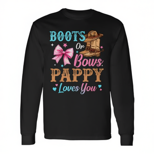 Maglietta a maniche lunghe con stampa 'Boots or Bows Pappy Loves You Family' per Gender Reveal, abbigliamento promozionale - Product Image 2