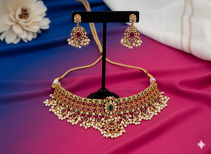 Ensemble de collier court antique en or mat poli Kemp Jewellery entièrement serti de pierres, bijoux de créateur traditionnels pour les femmes, à porter pour les fêtes - Product Image 2