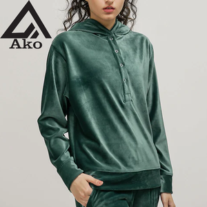Sweat-shirt à capuche épais en polaire pour femme, manches longues, avec bande décorative sur le devant, pour l'hiver, haute qualité, poids lourd, par Ako - Product Image 1