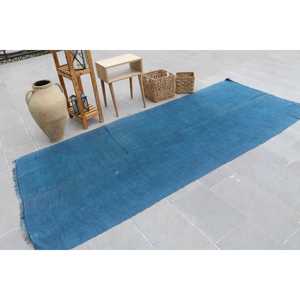 Alfombra Turca Vintage de 4.2x9.8 pies (128x300 cm), Alfombra con diseño de plantas y árboles azules - Product Image 1