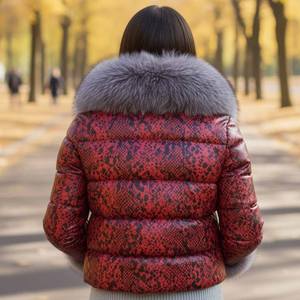 Veste d'hiver en cuir véritable pour femme avec col en fourrure de renard gris, fermeture éclair, coupe-vent, streetwear, doudoune - Product Image 4