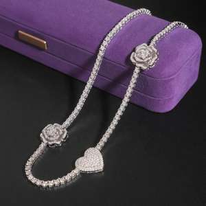 Collar de cadena tipo tenis de plata 925 chapado en oro con diamantes de colores brillantes, diseño de flor rosa y corazón, estilo hip hop, para mujer - Product Image 4