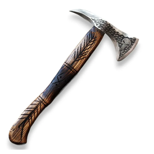 Hacha Vikinga Hecha a Mano con Mango de Madera de Fresno Grabado y Funda de Cuero con Grabado en la Cabeza - Product Image 1