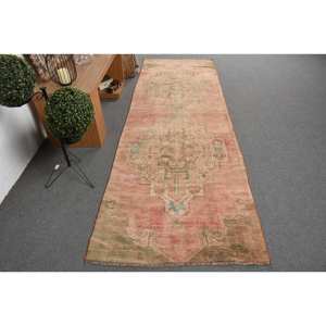 Alfombra vintage de lana turca rosa y verde de 33x104 pies, tejido plano, patrón de retazos, respaldo de látex para decoración de sala de estar - Product Image 1