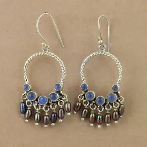 Pendientes de Plata 925 con Calcedonia Azul y Perla, Accesorio de Moda para Mujer - Product Image 2