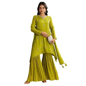 Chinon verde Kurta Sharara asimmetrico con Dupatta unico Designer etnico vestito per matrimoni - Product Image 1