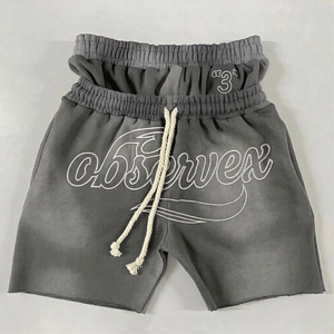 Pantalones Cortos Personalizados de Doble Cintura con Apliques Bordados, Cordones de Algodón, Efecto Desgastado por el Sol, Pedrería, Estilo Deportivo, Lavado Ácido para Hombre - Product Image 4