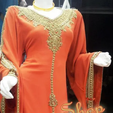 Sang trọng màu cam abaya với hạt làm việc chất lượng tốt nhất vải