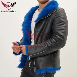 Mens Black Shearling Leather <b>Jacket</b> Blue Fur Lined Biker Coat Genuine <b>Sheepskin</b> Winter Luxury Motorcycle <b>Jacket</b> - Product Image 3