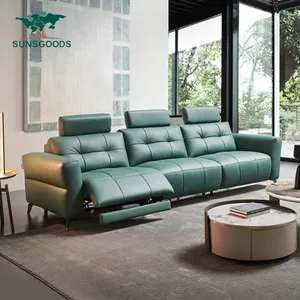 现代奢华3座顶级粒面皮革电动躺椅绿色沙发套装简约家居意大利风格家具客厅