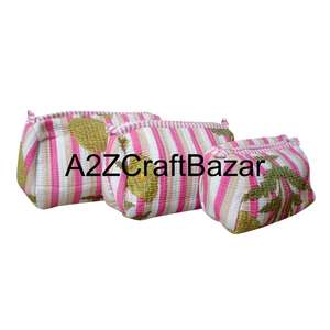 Ensemble de 3 trousses de maquillage à imprimé poisson indien, trousse de toilette en coton pur, trousse de toilette matelassée, trousse de voyage à imprimé en bloc - Product Image 3