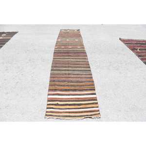 Vintage Kilim Runner Rug 2.3x12.7 ft (71x388 cm), Turkish <b>Brown</b> Persian <b>Wool</b> Rug - Product Image 1