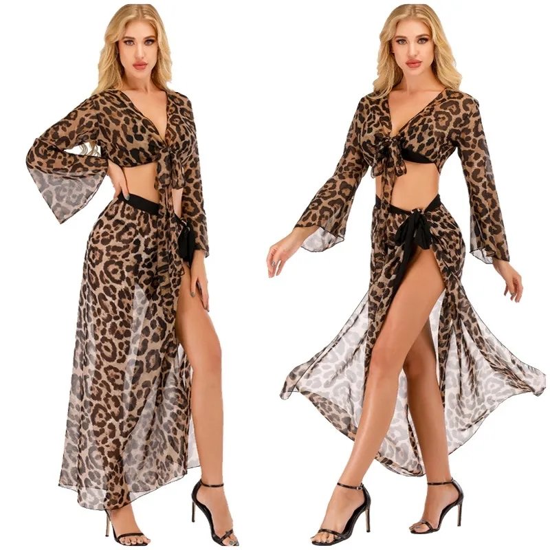 Mujeres 2022 estampado de leopardo gasa playa cubrir-up protección solar Top vendaje Falda Mujer traje estampado